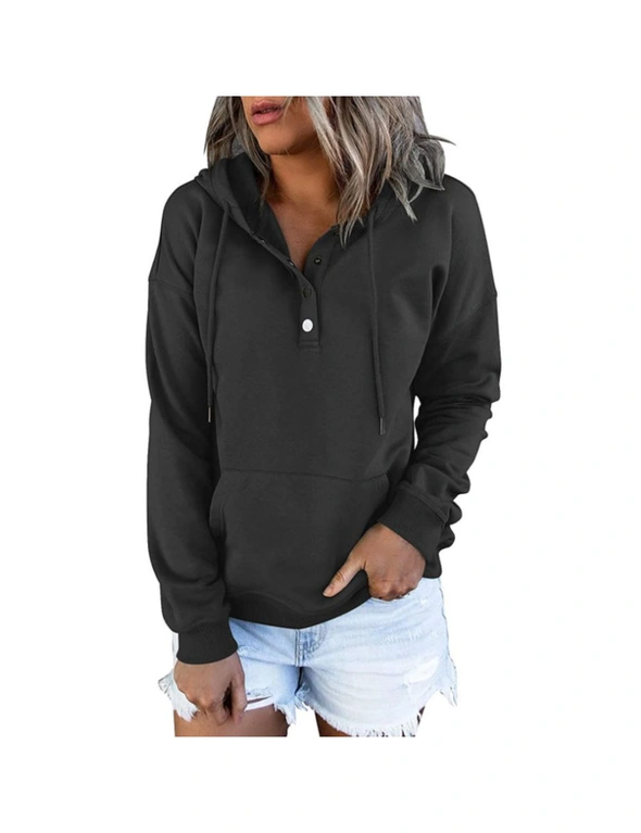Hooded Button Collar Drawstring Hoodies Pullover Sweatshirts - Black-S, hi-res image number null