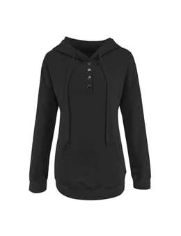 Hooded Button Collar Drawstring Hoodies Pullover Sweatshirts - Black-S