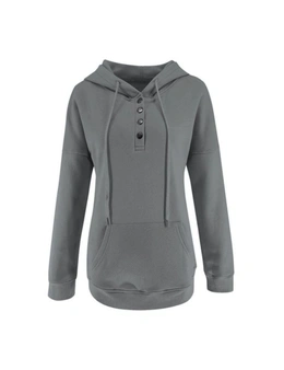 Hooded Button Collar Drawstring Hoodies Pullover Sweatshirts - Gray-S
