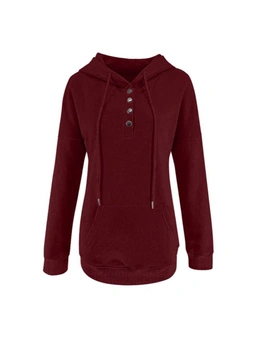 Hooded Button Collar Drawstring Hoodies Pullover Sweatshirts - Wine Red-S
