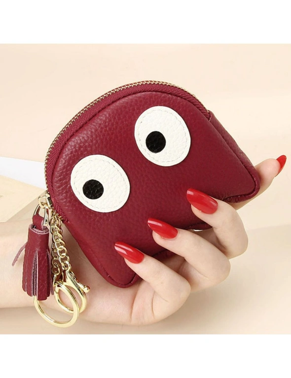 Genuine Leather Cartoon Zip Coin Bag - Wine Red, hi-res image number null