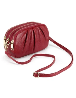 Genuine Leather 3 zipper Shoulder Bag - Wine Red
