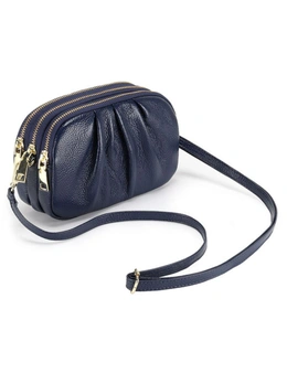 Genuine Leather 3 zipper Shoulder Bag - Blue