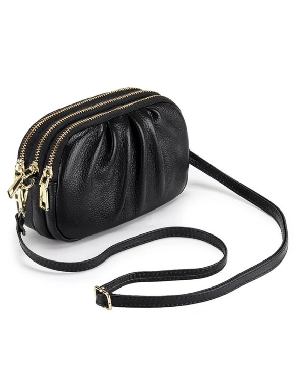 Genuine Leather 3 zipper Shoulder Bag - Black, hi-res image number null