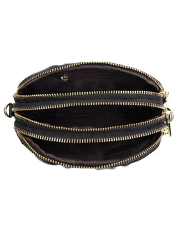 Genuine Leather 3 zipper Shoulder Bag - Black