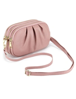 Genuine Leather 3 zipper Shoulder Bag - Pink