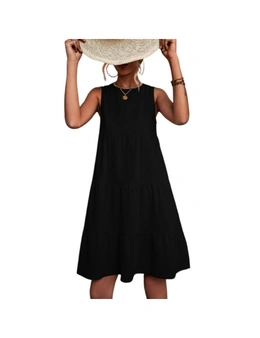 Women's Round Neck Loose Swing Piece Cake Dress  -  Black