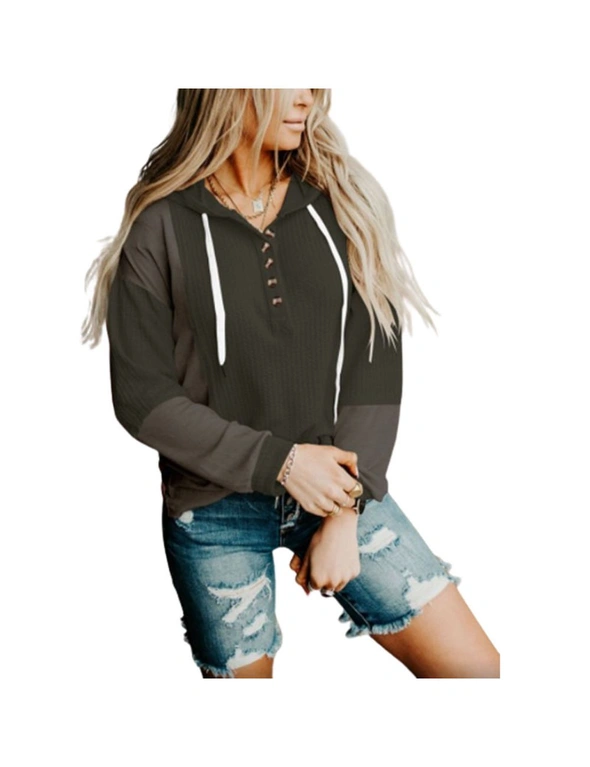 Women's Color Block V-Neck Longsleeve Button Hoodies - Army Green, hi-res image number null