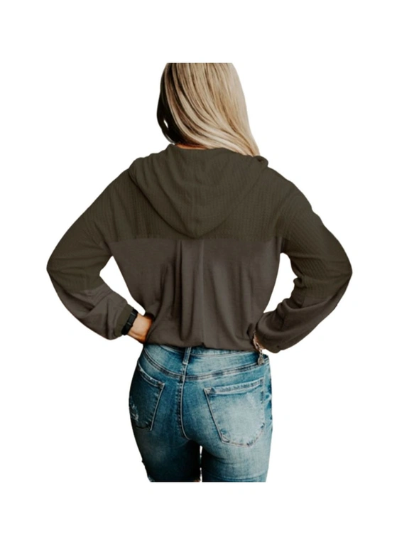 Women's Color Block V-Neck Longsleeve Button Hoodies - Army Green, hi-res image number null
