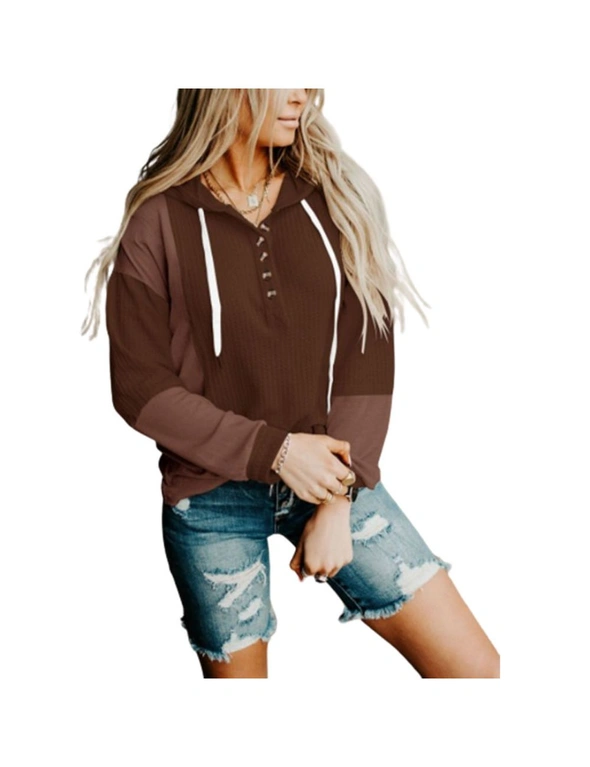 Women's Color Block V-Neck Longsleeve Button Hoodies - Coffee, hi-res image number null