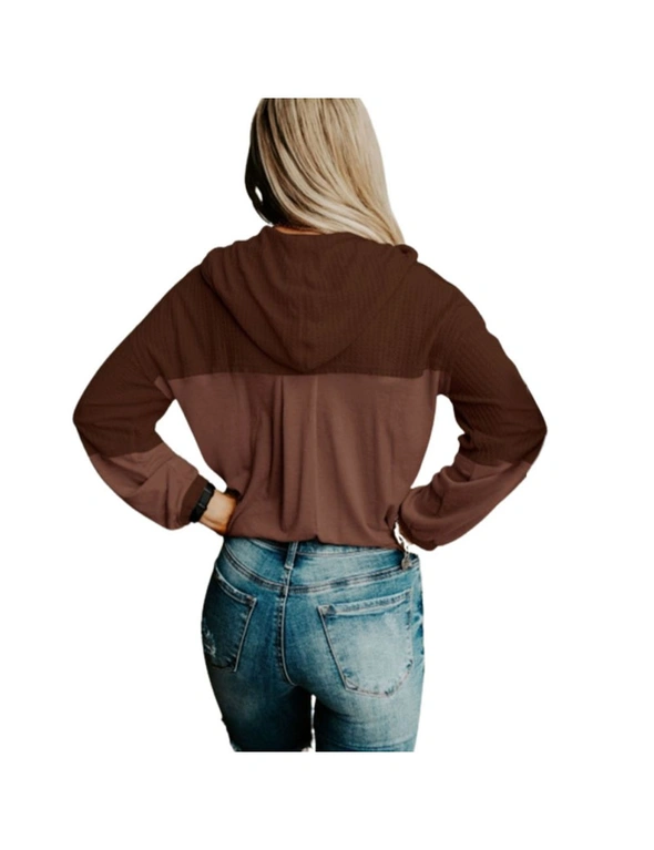 Women's Color Block V-Neck Longsleeve Button Hoodies - Coffee, hi-res image number null