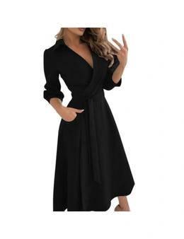 Women's Long Sleeve V-Neck Casual Printed Flowy Swing Dress  - Black