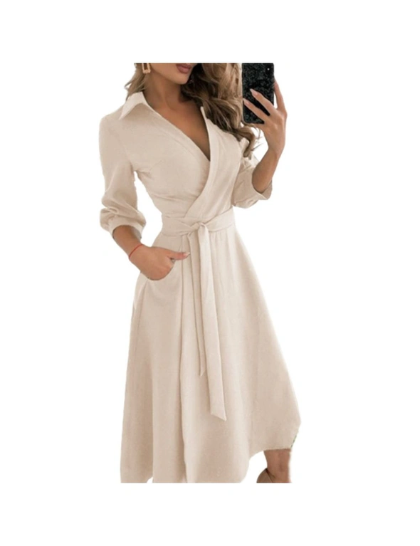 Women's Long Sleeve V-Neck Casual Printed Flowy Swing Dress  - Khaki, hi-res image number null