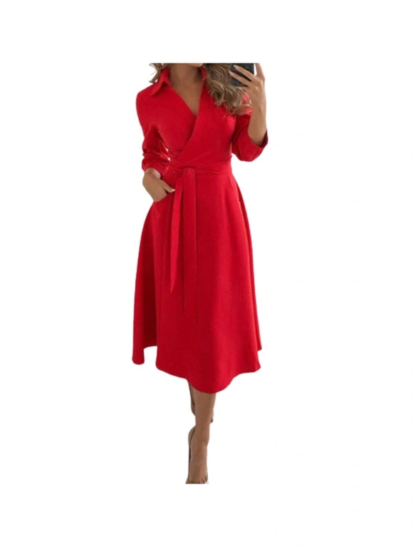 Women's Long Sleeve V-Neck Casual Printed Flowy Swing Dress  - Red, hi-res image number null