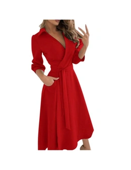 Women's Long Sleeve V-Neck Casual Printed Flowy Swing Dress  - Red