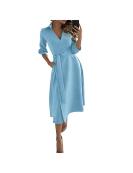 Women's Long Sleeve V-Neck Casual Printed Flowy Swing Dress  - Sky Blue