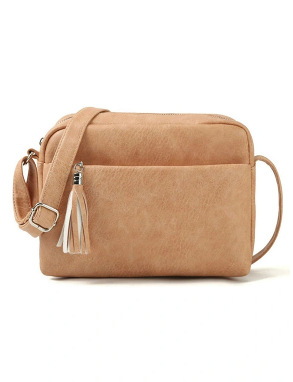 Small Triple Zip Cross Body Bag Handbag - Light Brown, hi-res image number null