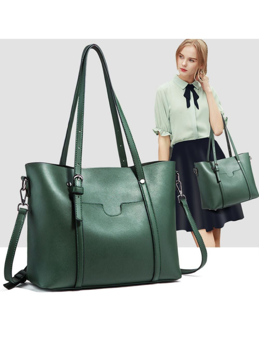 Soft Leather Tote Bag - Dark Green | W Lane