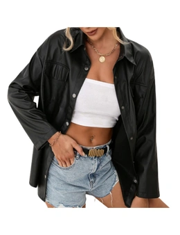 ICB Women's PU Leather Jacket Loose Fit Button Closure