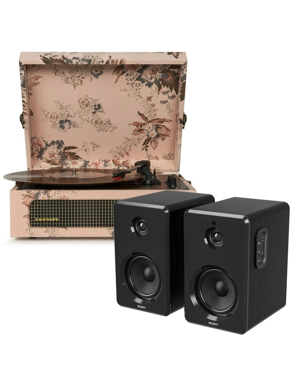 Crosley Voyager Bluetooth Portable Turntable - Floral + Bundled Majority D40 Bluetooth Speakers - Black, hi-res image number null