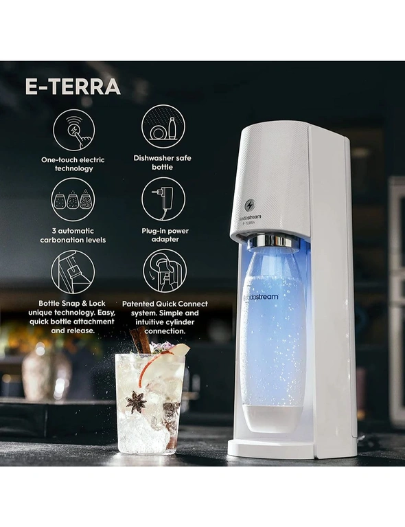 SodaStream E-Terra Automatic Sparkling Water Maker w/60L Cylinder/1L Bottle WHT, hi-res image number null