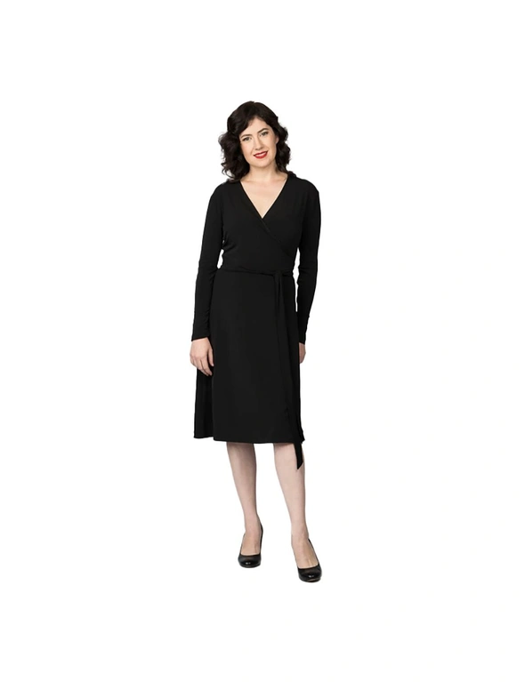 Yvonne Adele Women's Size 12 Rappers Delight Jersey Long Sleeve Wrap Dress Black, hi-res image number null