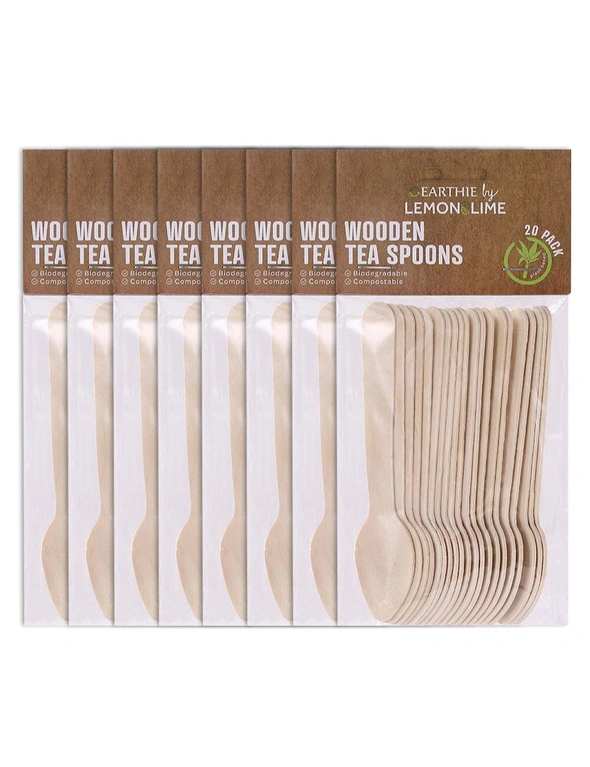 160pc Lemon & Lime Eco 11cm Disposable Dinner Wooden Tea Spoons Cutlery Catering, hi-res image number null