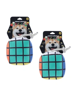2x Pawsnclaws 16cm Magic Cube Soft Plush Pet Dog Squeaker Chew Toy w/ Rope Large