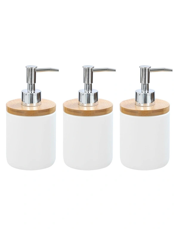 3x Boxsweden Bano 8x16cm Bathroom Ceramic Soap Dispenser w/Bamboo Top WHT, hi-res image number null