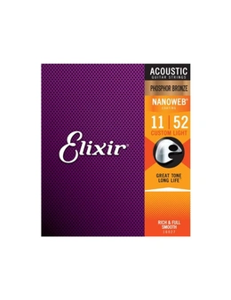 Elixir #16027 Acoustic Nanoweb Phosphor Bronze Guitar String 11-52 Custom Light