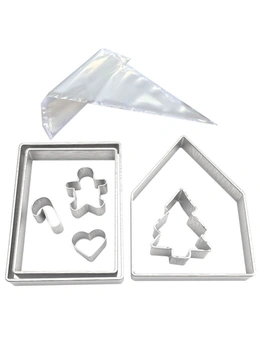 7pc R&M Gingerbread House Bake Steel Cookie Cutter Baking Set w/ 5x Piping Bags