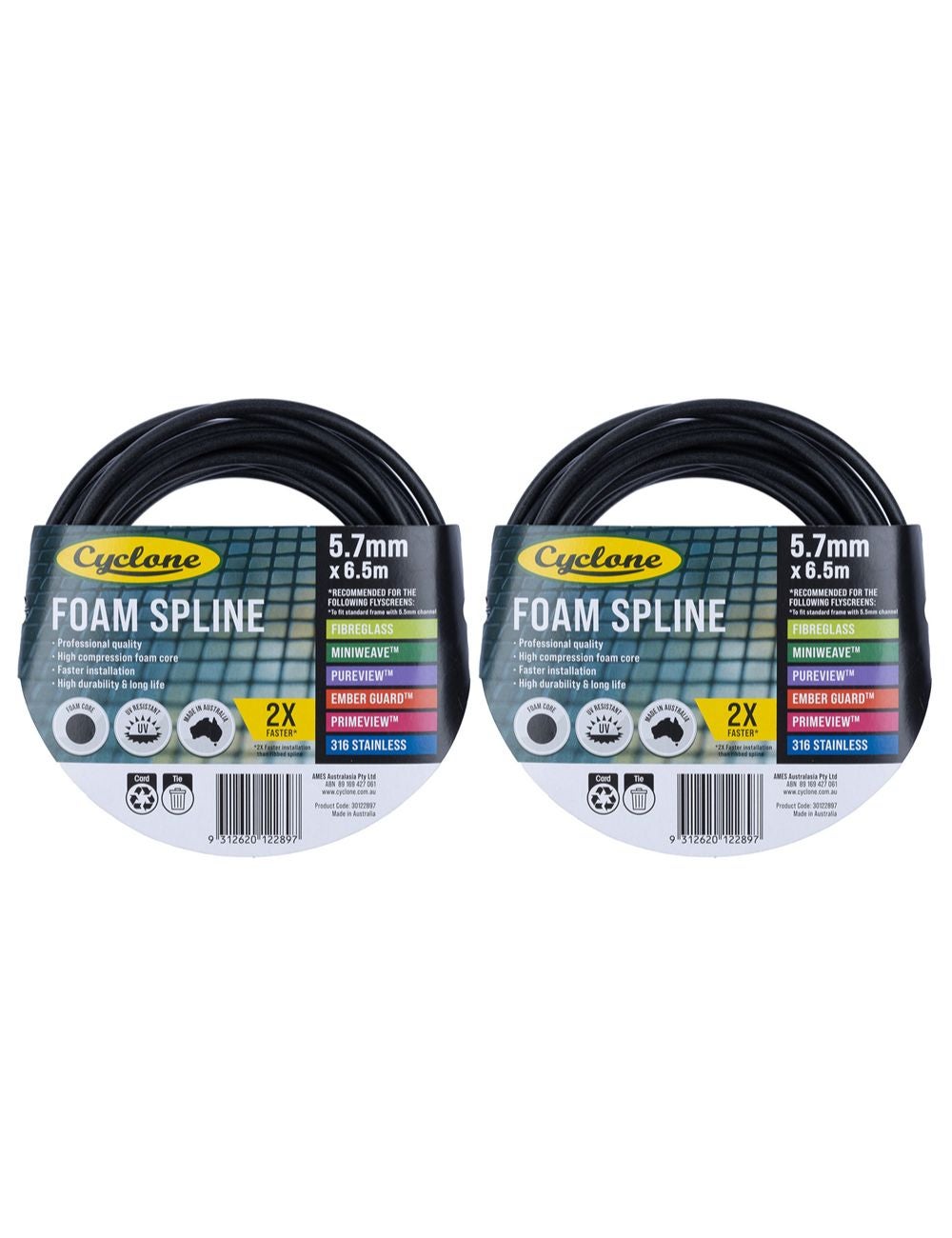 2x Cyclone Pro Foam Spline 5.7mmx6.5m For Fly/Mosquito Screen Window ...