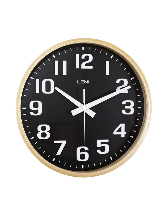 Leni 26cm Analogue Silent Modern Wood Wall Large Contrast Marking Face Clock BLK, hi-res image number null