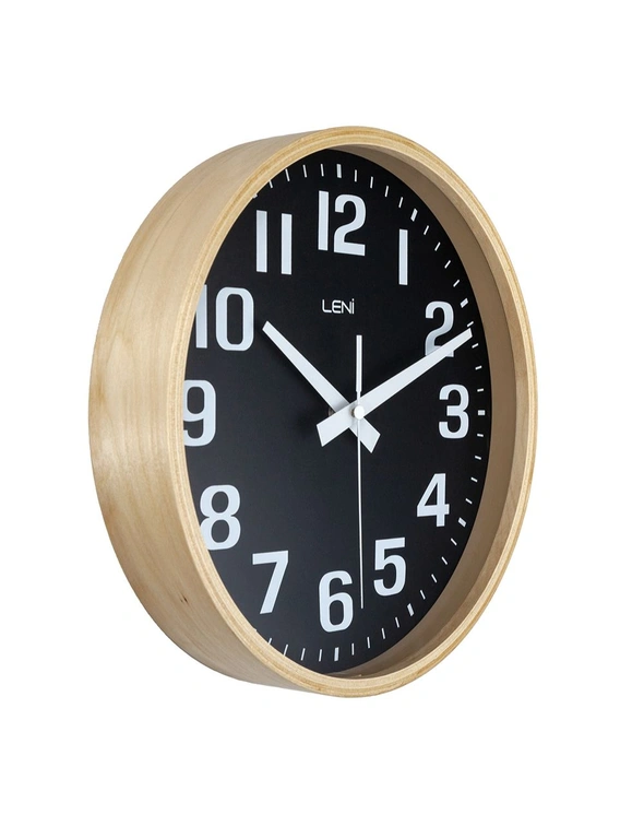 Leni 26cm Analogue Silent Modern Wood Wall Large Contrast Marking Face Clock BLK, hi-res image number null