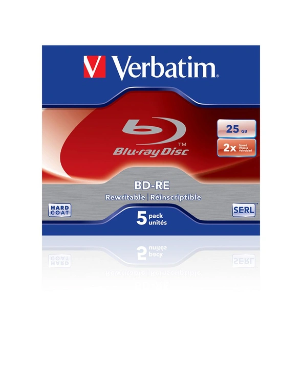 5PK Verbatim BD-RE 25GB 2x Speed Rewritable Blank Disc Data Storage w/Jewel Case, hi-res image number null