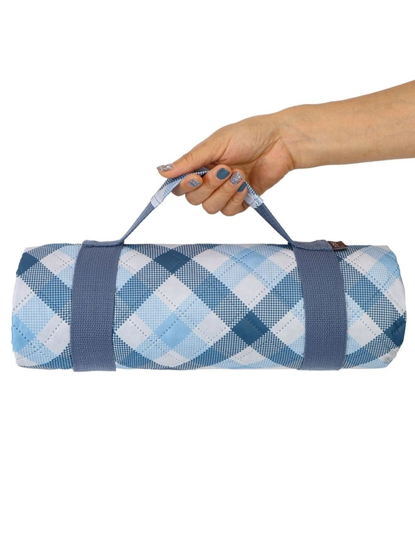 Sachi Reusable Picnic Rug 175x142cm Outdoor Mat w/Carry Handle Gingham Blue/Grey, hi-res image number null