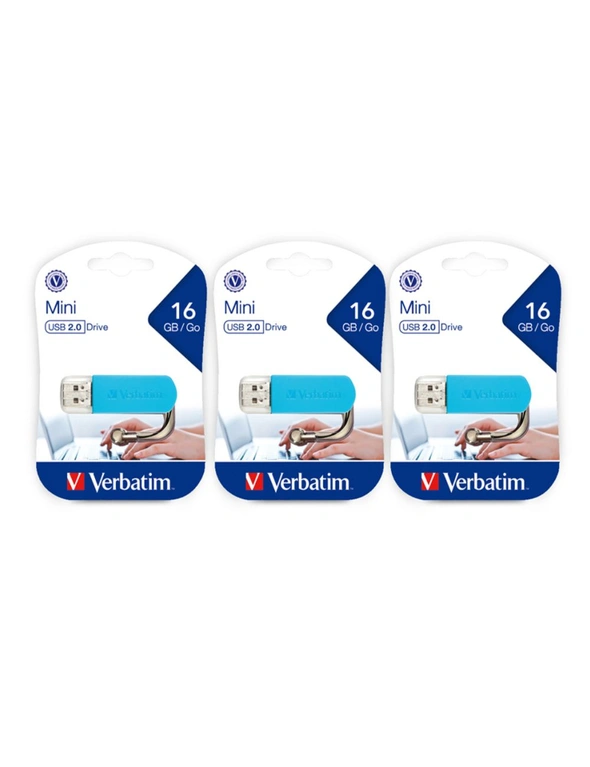 3PK Verbatim Store'n'Go 16GB Mini USB Stick Drive File Storage f/ Laptop/PC Blue, hi-res image number null
