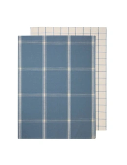 2pc J.Elliot 50x70cm Check Tea Towels/Cloth Cotton Kitchen Dry Steel Blue & Sand
