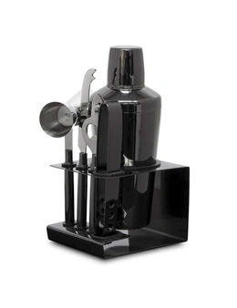 6pc Salt & Pepper Kennedy Metallic Cocktail Set Mixer Kit Stainless Steel Black