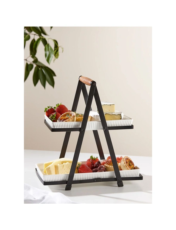 Ladelle Classica 2 Tier Cheese/Olive Serving Tower Porcelain/Wood Platter Plate, hi-res image number null