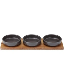 4pc Ladelle Host Charcoal 3 Snack Dine Stoneware Bowl/Spoon Acacia Paddle Set