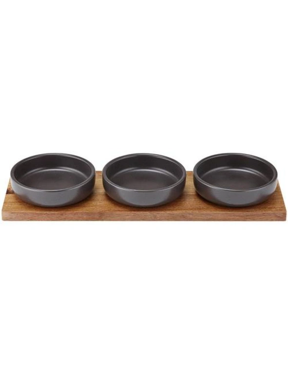 4pc Ladelle Host Charcoal 3 Snack Dine Stoneware Bowl/Spoon Acacia Paddle Set, hi-res image number null