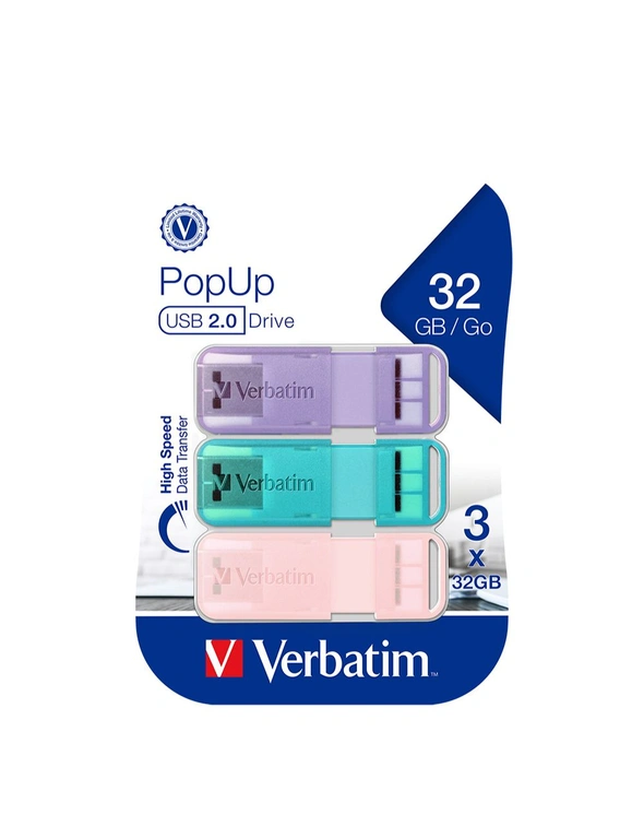 3pc Verbatim Pop-Up USB Sticks 2.0 32GB Triple Pack Pastel Colours 57x9mm Assort, hi-res image number null