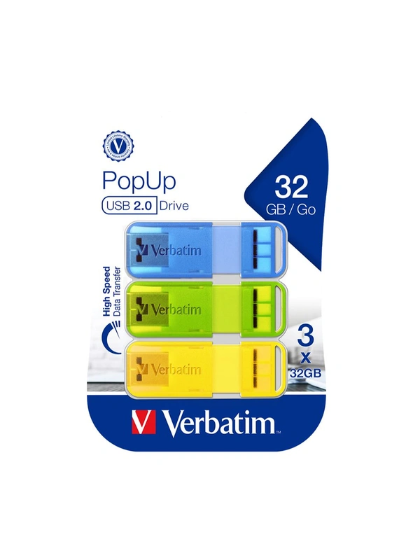 3pc Verbatim Pop-Up USB Sticks 2.0 32GB Triple Pack Bright Colours 57x9mm Assort, hi-res image number null