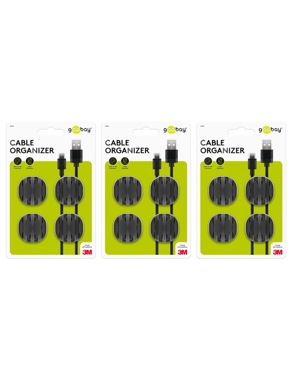 12x Goobay 3 Slots Cable Management 3.34cm Organiser Cord/Wire Holder Black, hi-res image number null