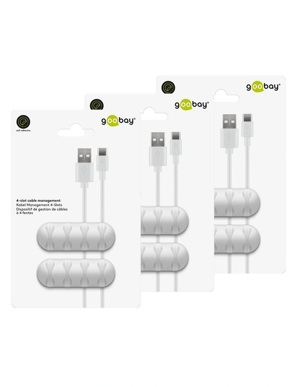 6x Goobay 4 Slots Adhesive Cable 6.4cm Organiser Cord/Wire Management White, hi-res image number null