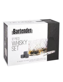 12pc Bartender Whisky Scotch Drink Glasses/Rocks/Storage Bag/Tongs Barware Set