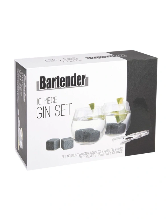 10pc Bartender Gin Cocktail Clear Glasses/Stones/Storage Bag/Tongs Barware Set, hi-res image number null