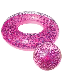 2pc Land & Sea Bling Inflatable Swim Ring & Ball Set Pink