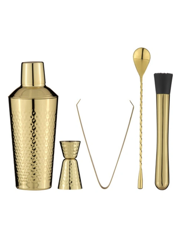 5pc Spencer Hammered Stainless Steel 700ml Cocktail Shaker/Jigger/Tongs Set Gold, hi-res image number null